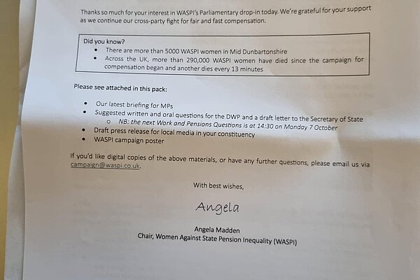 A letter addressed to Susan Murray from the WASPI campaign.