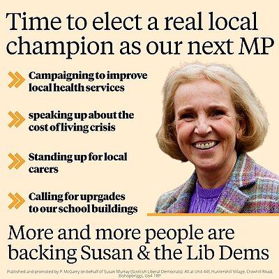 Image of Susan with the text "Time to elect a real local champion as our next MP."