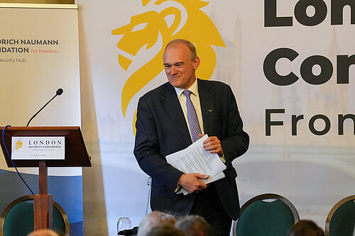 Ed Davey delivers a speech at the Liberal International Conference